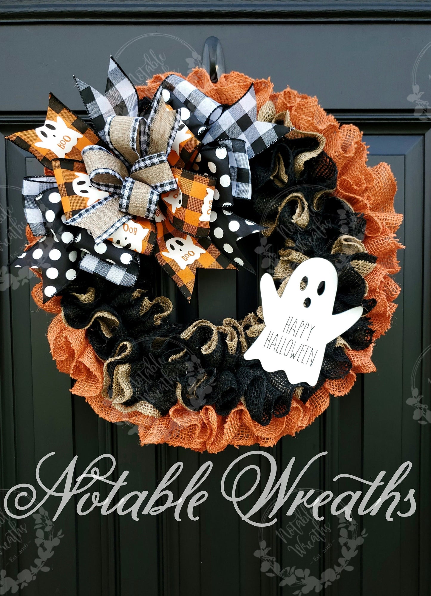 Rustic Halloween wreath for front door, Boo wreath, buffalo check Halloween wreath, ghost wreath