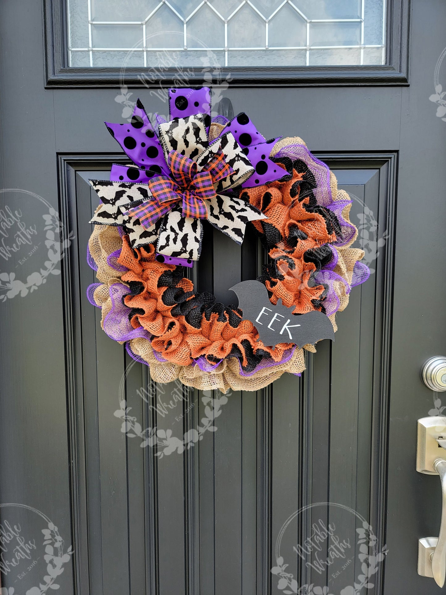 Rustic Halloween bat wreath for front door, Rae Dunn inspired EEK wreath, Halloween bat decor, EEK decor, purple wreath