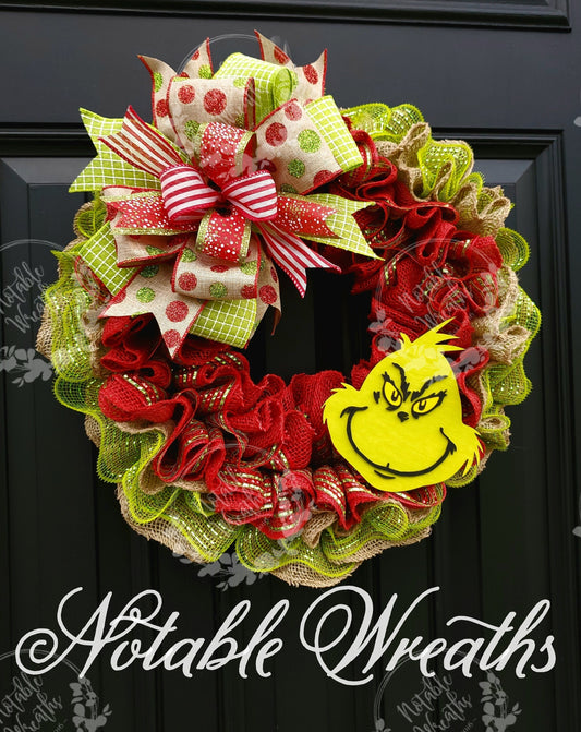 Grinch Christmas wreath, Grinch decor, Grinch Christmas decor, red and green grinch wreath